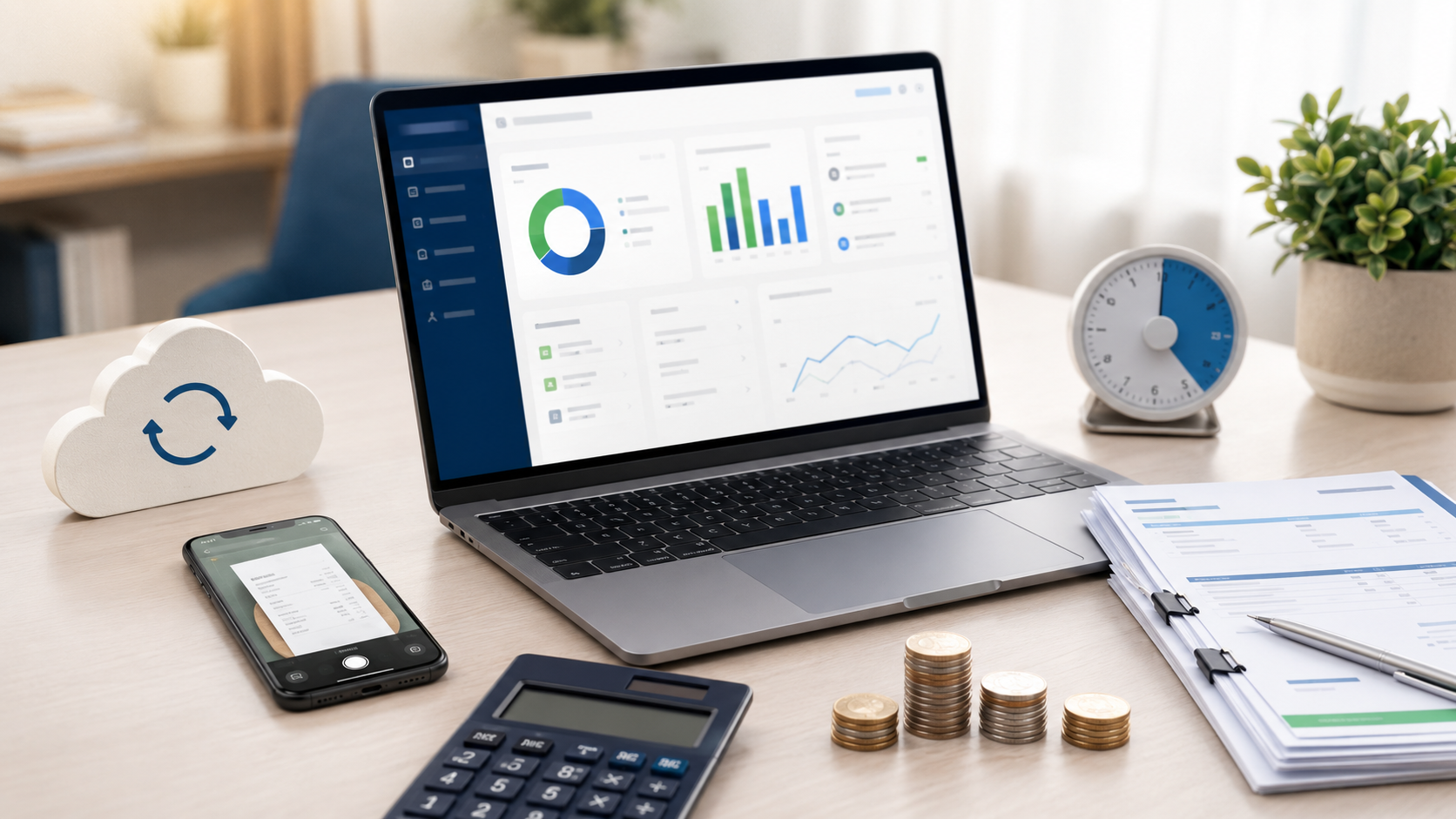 Tableau de bord de comptabilité infonuagique avec reçus numérisés, factures et économies