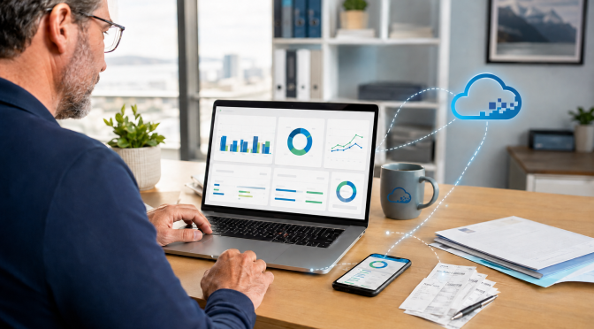 Dirigeant de PME consultant un tableau de bord financier synchronisé dans l’infonuagique