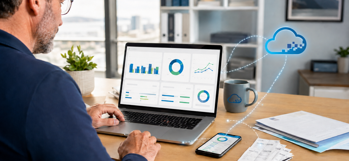 Dirigeant de PME consultant un tableau de bord financier synchronisé dans l’infonuagique