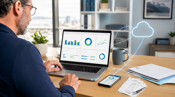 Dirigeant de PME consultant un tableau de bord financier synchronisé dans l’infonuagique