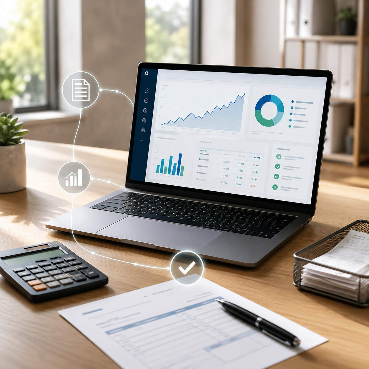 Tableau de bord comptable avec calculatrice, factures et outils d’automatisation